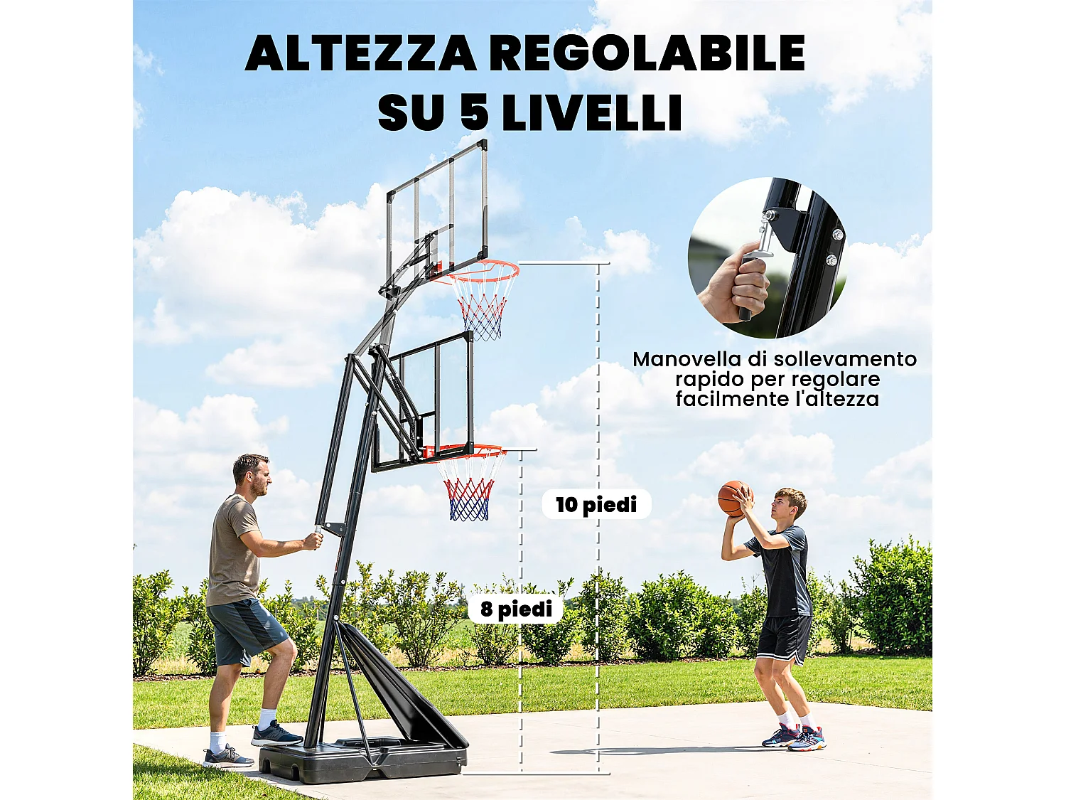 Canestro da basket regolabile con base riempibile e tabellone antishock