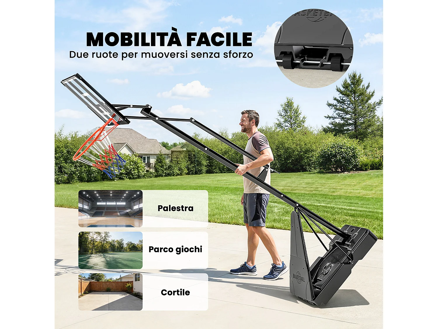 Canestro da basket regolabile con base riempibile e tabellone antishock
