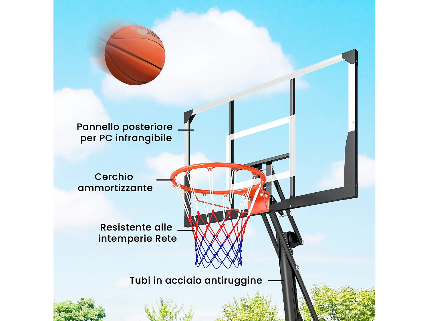 Canestro da basket regolabile con base riempibile e tabellone antishock