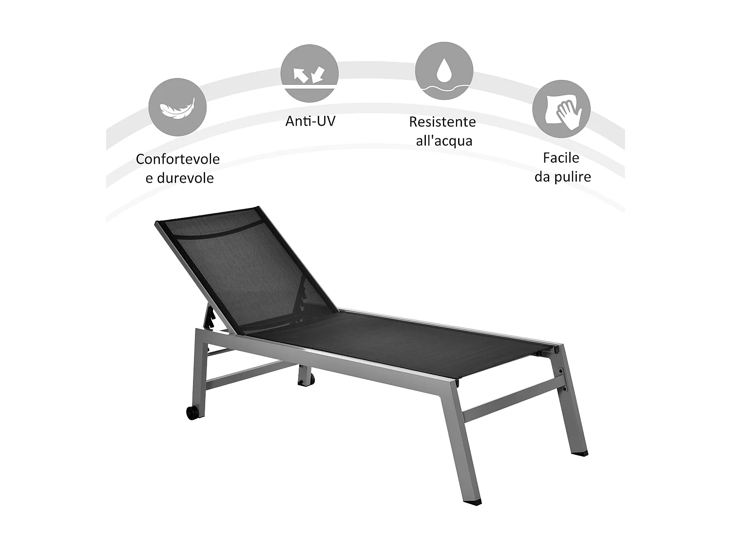 Lettino prendisole in alluminio grigio e nero