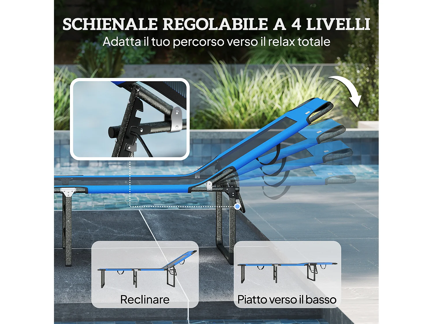 Lettino prendisole pieghevole regolabile in texteline blu