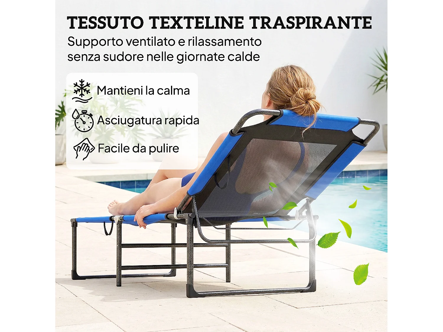 Lettino prendisole pieghevole regolabile in texteline blu