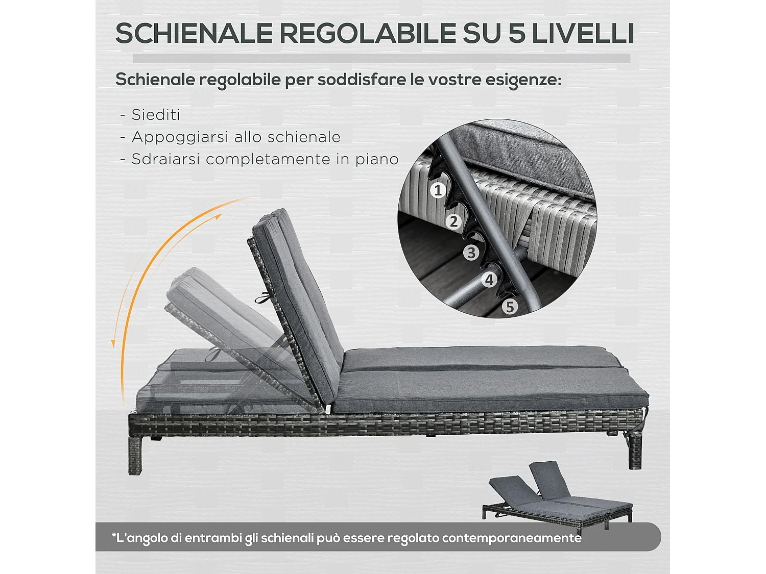 Lettino Prendisole a 2 Posti Schienale Regolabile, 196 x 120 x 28cm