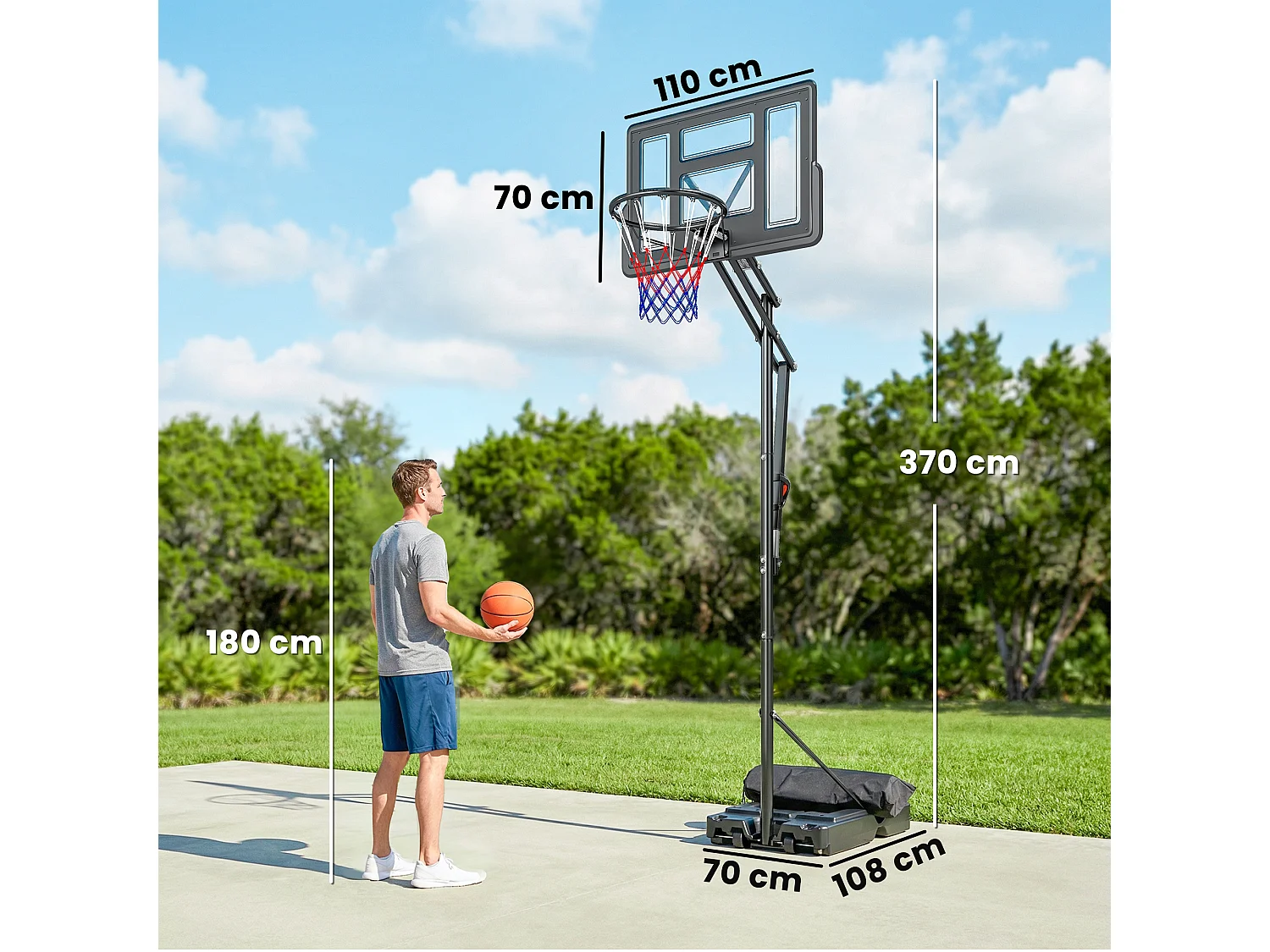 Canestro basket regolabile in altezza portatile con ruote acciaio nero