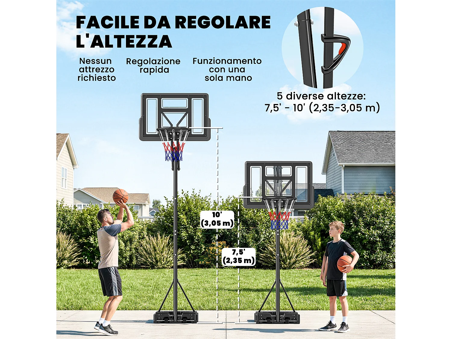 Canestro basket regolabile in altezza portatile con ruote acciaio nero