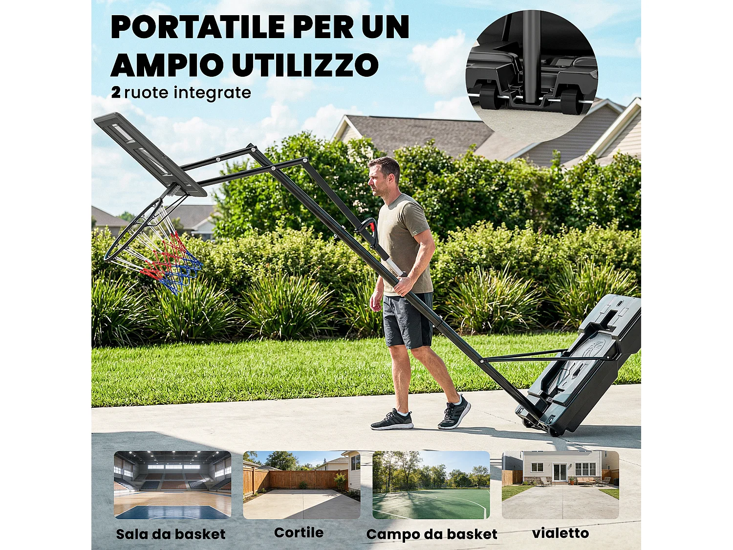 Canestro basket regolabile in altezza portatile con ruote acciaio nero