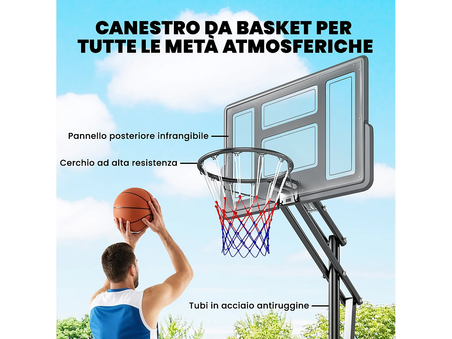 Canestro basket regolabile in altezza portatile con ruote acciaio nero