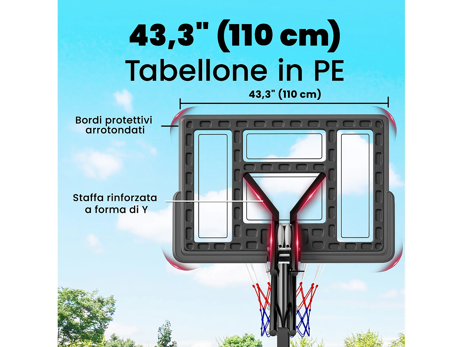 Canestro basket regolabile in altezza portatile con ruote acciaio nero