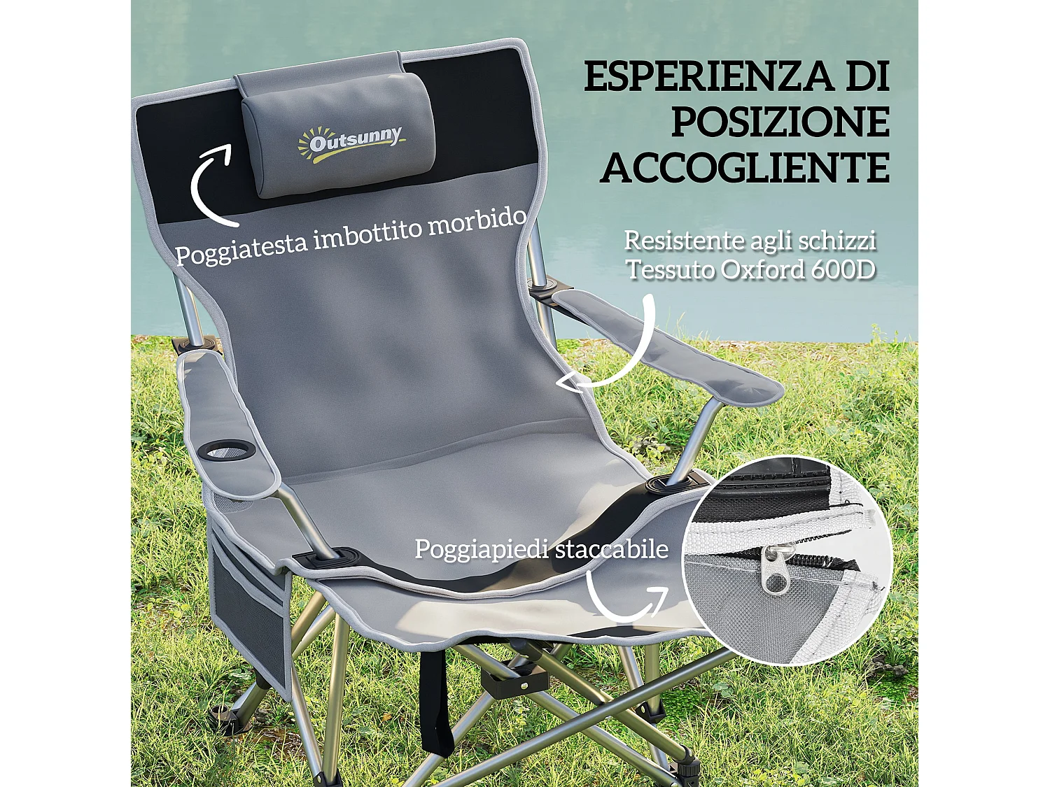 Sedia da campeggio con poggiapiedi staccabile nero