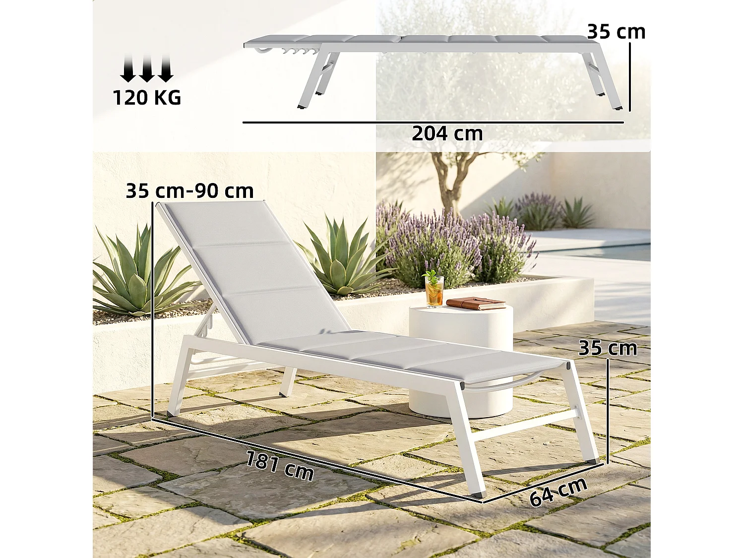 Sdraio da giardino con schienale regolabile in alluminio grigio chiaro