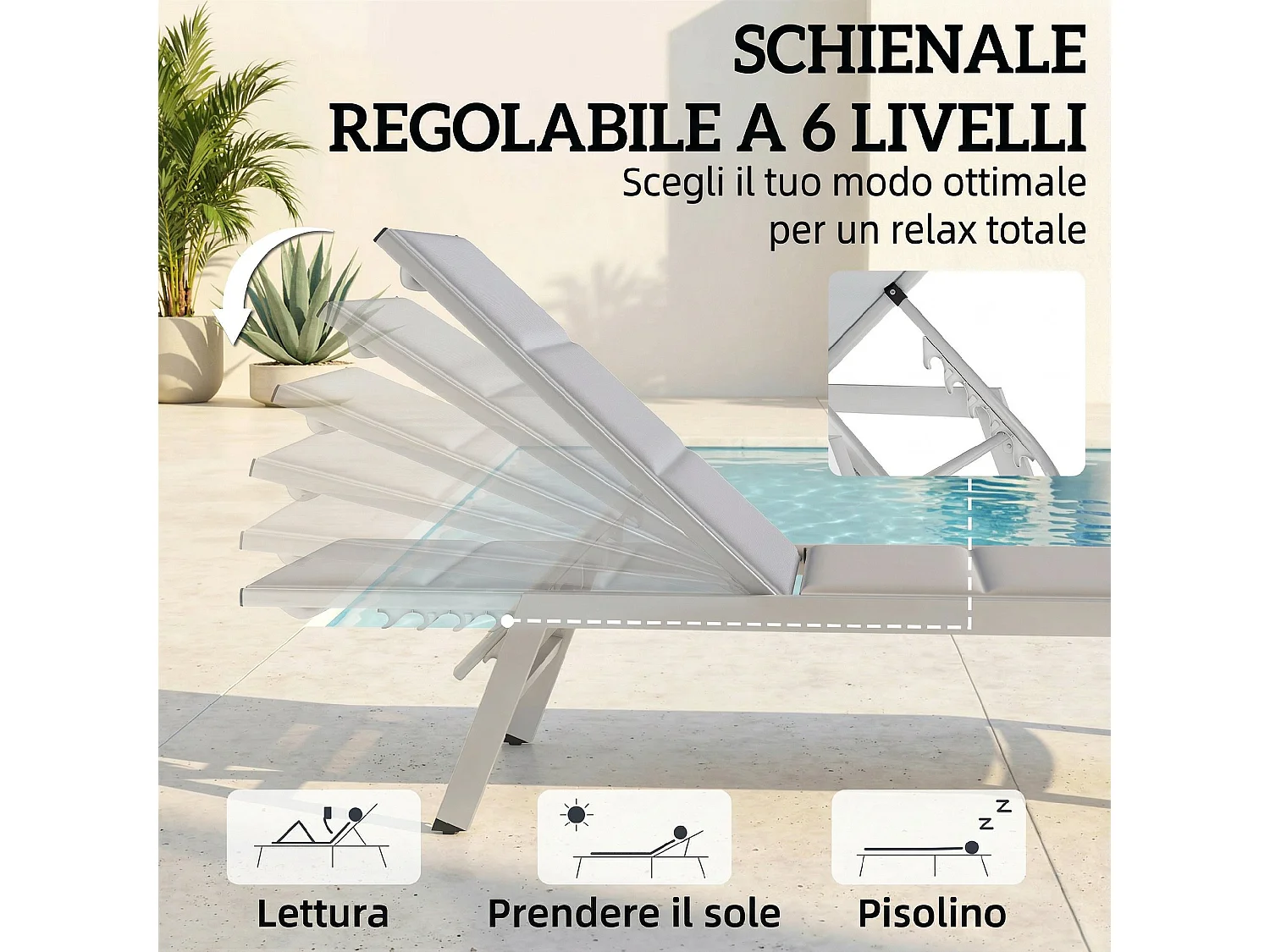 Sdraio da giardino con schienale regolabile in alluminio grigio chiaro