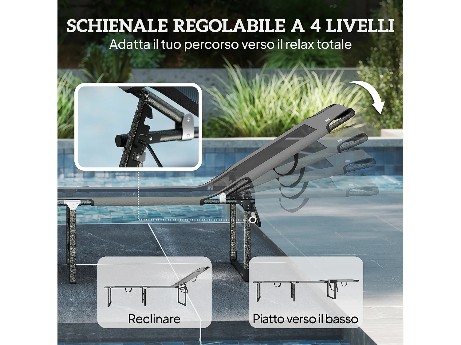 Lettino prendisole pieghevole reclinabile in tessuto rete grigio