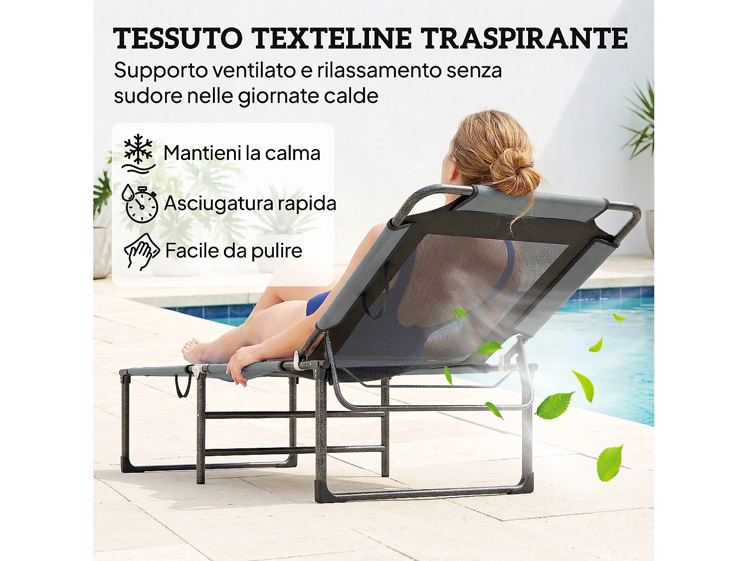 Lettino prendisole pieghevole reclinabile in tessuto rete grigio