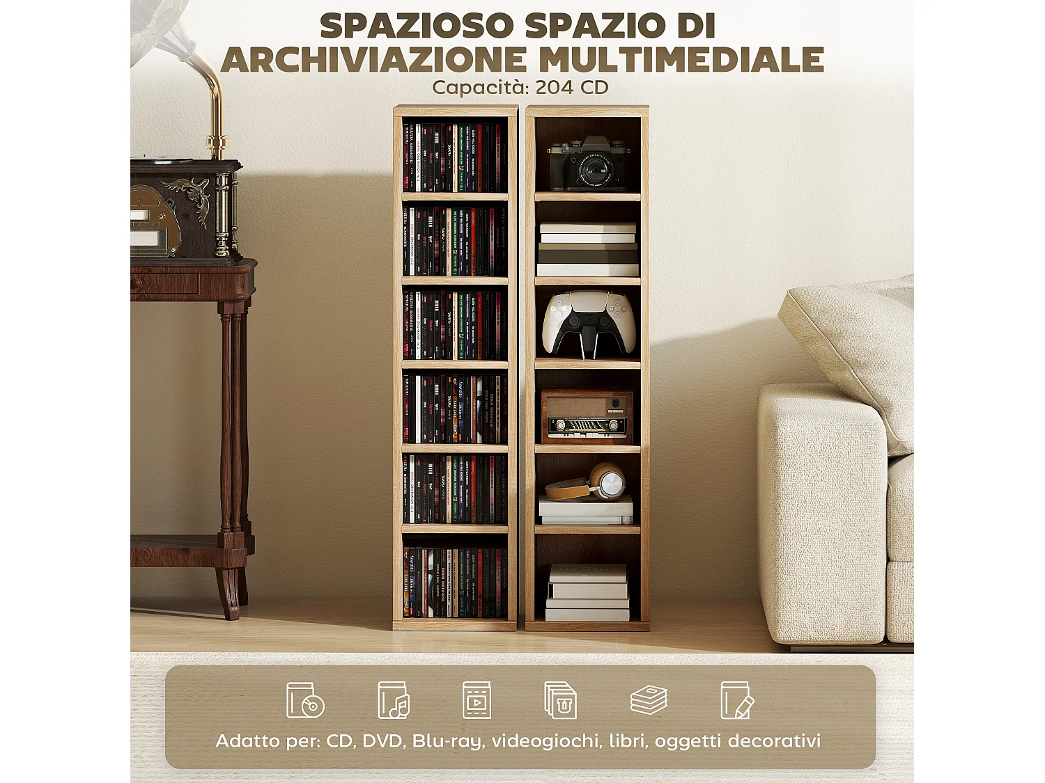 Set 2 scaffali porta cd con ripiani regolabili per 204 cd rovere