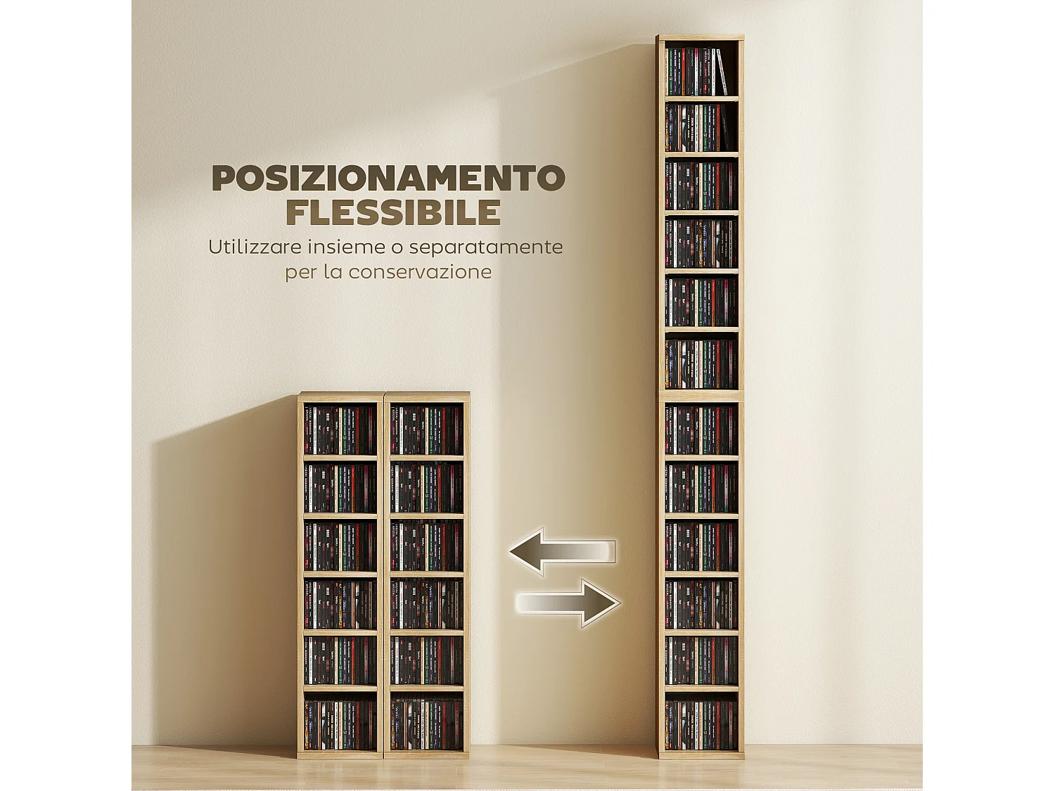 Set 2 scaffali porta cd con ripiani regolabili per 204 cd rovere