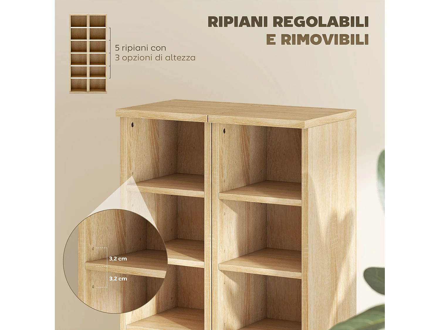 Set 2 scaffali porta cd con ripiani regolabili per 204 cd rovere