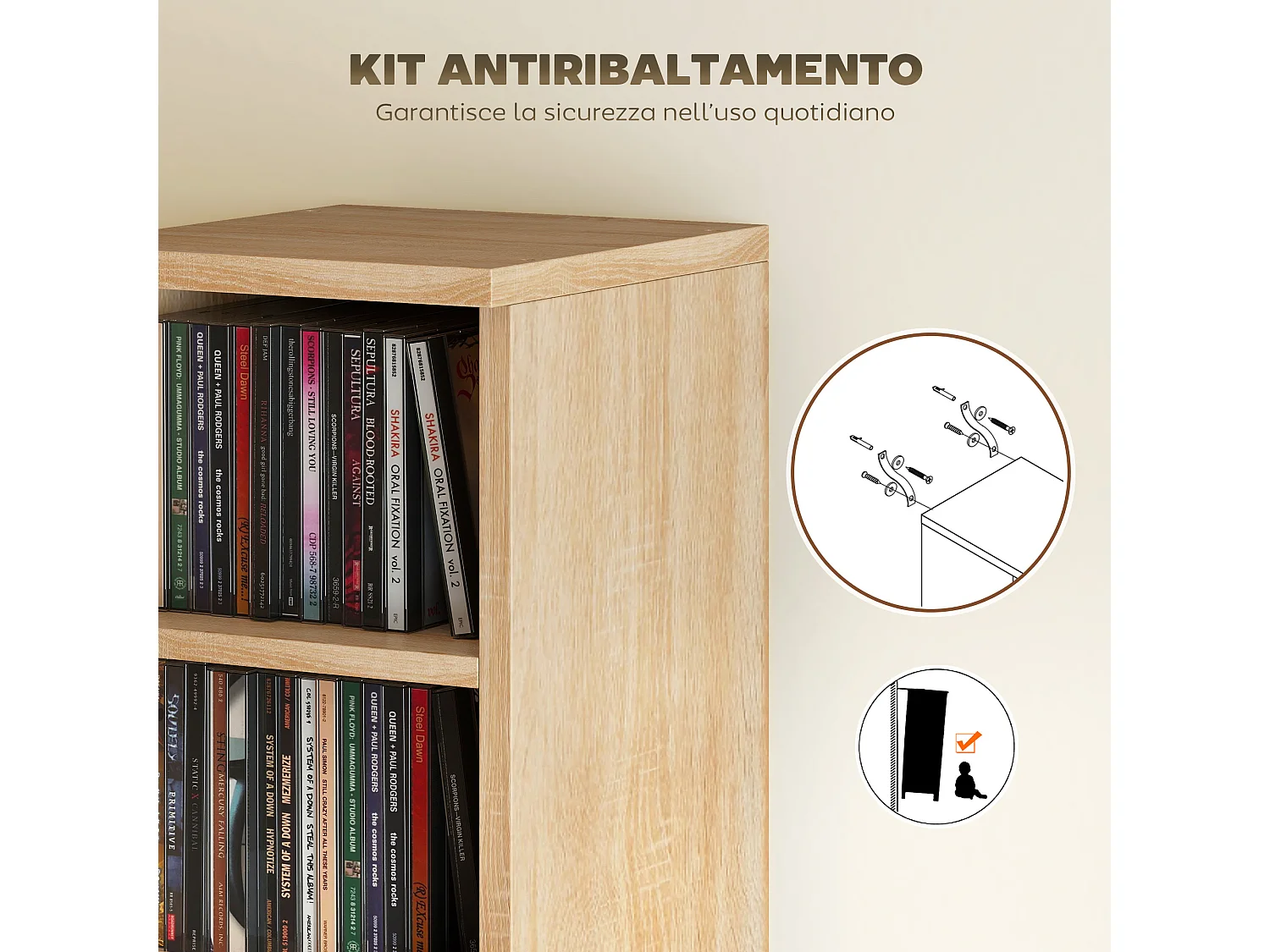 Set 2 scaffali porta cd con ripiani regolabili per 204 cd rovere
