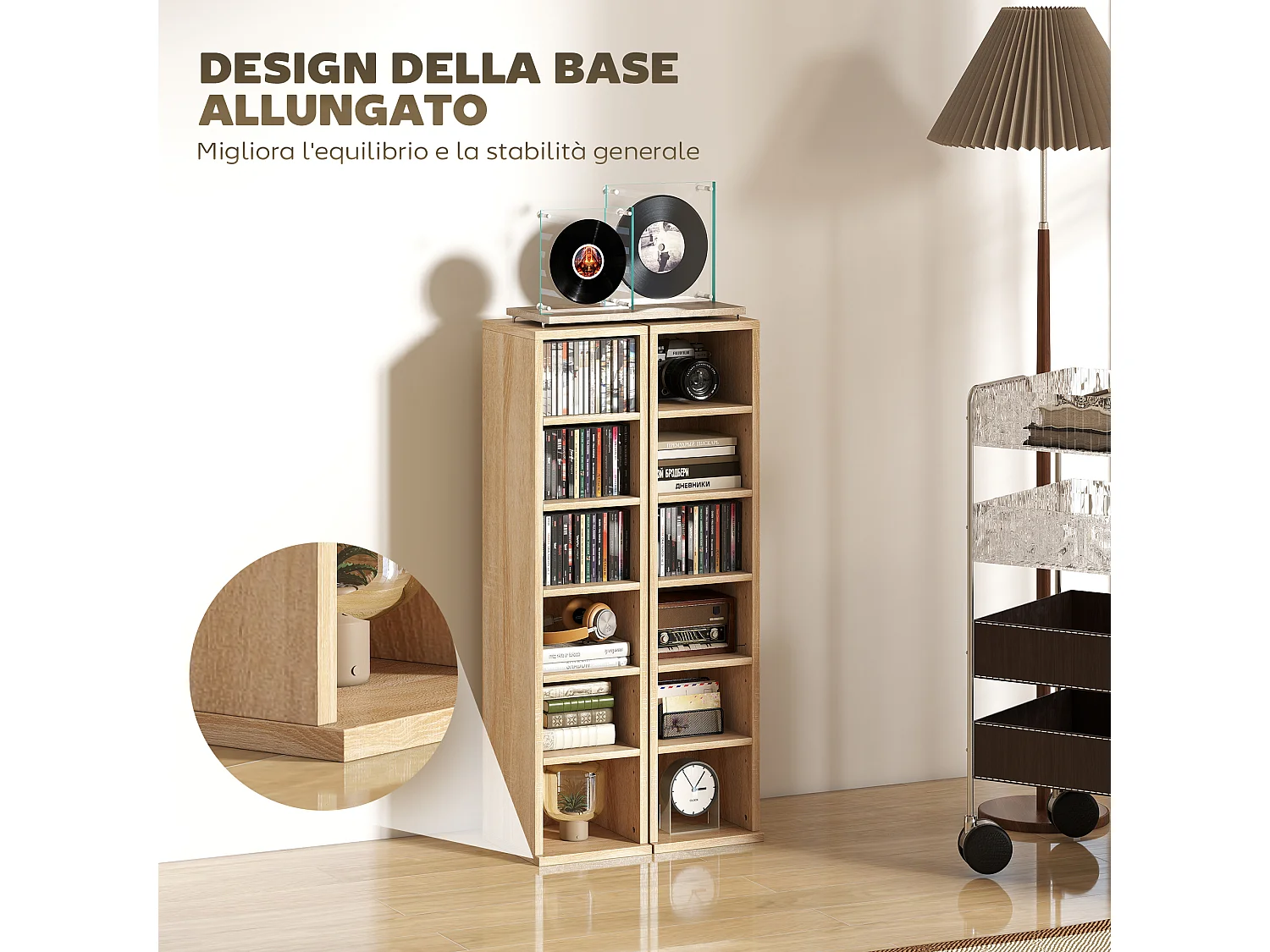 Set 2 scaffali porta cd con ripiani regolabili per 204 cd rovere
