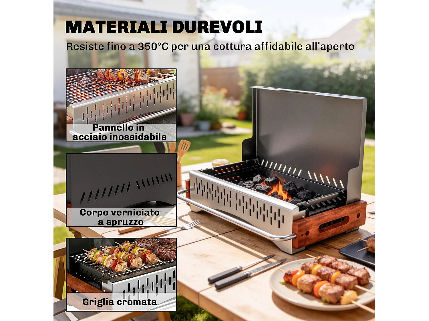 Barbecue portatile a carbone con vassoio rimovibile nero