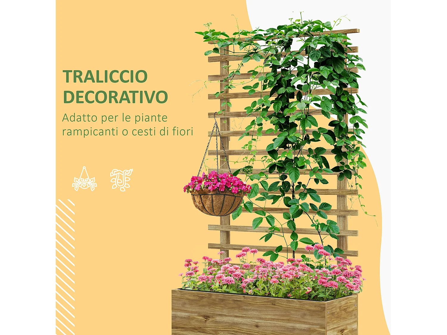 Fioriera con traliccio verticale per rampicanti color legno