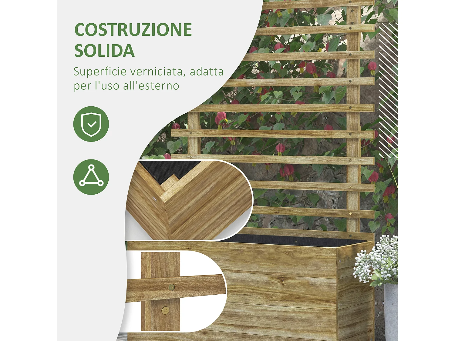 Fioriera con traliccio verticale per rampicanti color legno