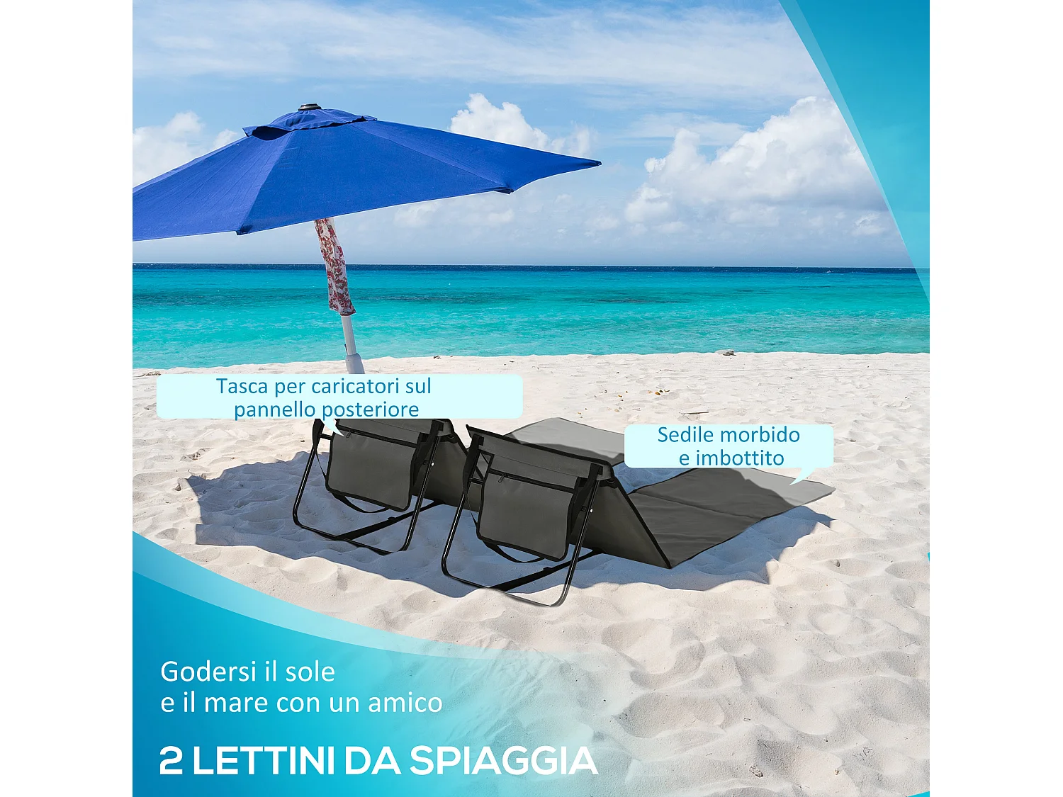 Set 2 sdraio da spiaggia pieghevoli ad angolo regolabile grigio