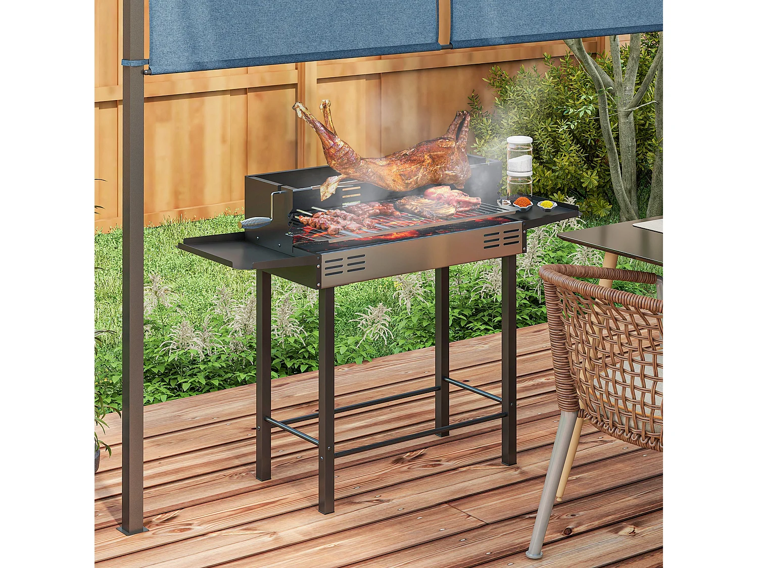 Barbecue a carbone a 3 livelli con girarrosto e mensole pieghevoli