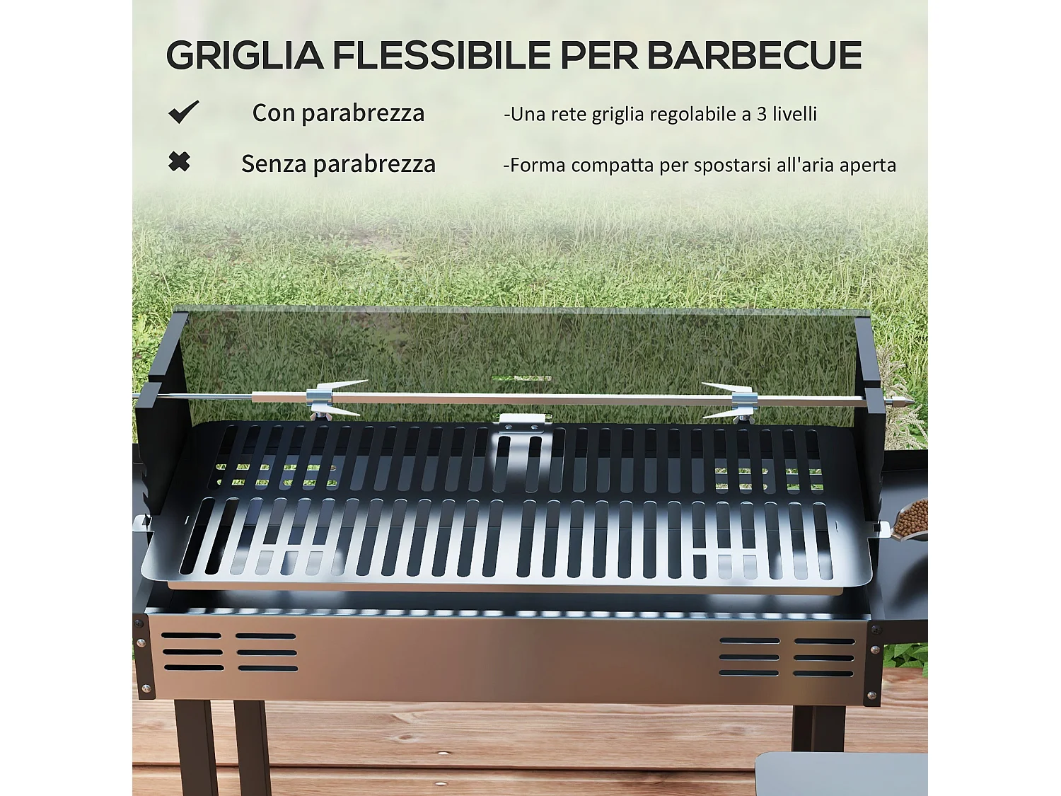 Barbecue a carbone a 3 livelli con girarrosto e mensole pieghevoli
