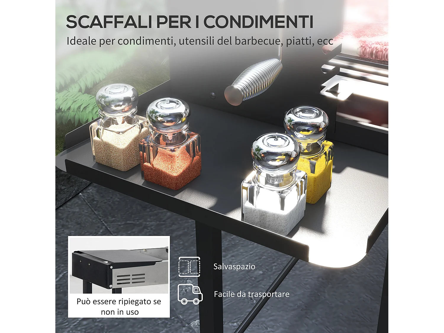 Barbecue a carbone a 3 livelli con girarrosto e mensole pieghevoli