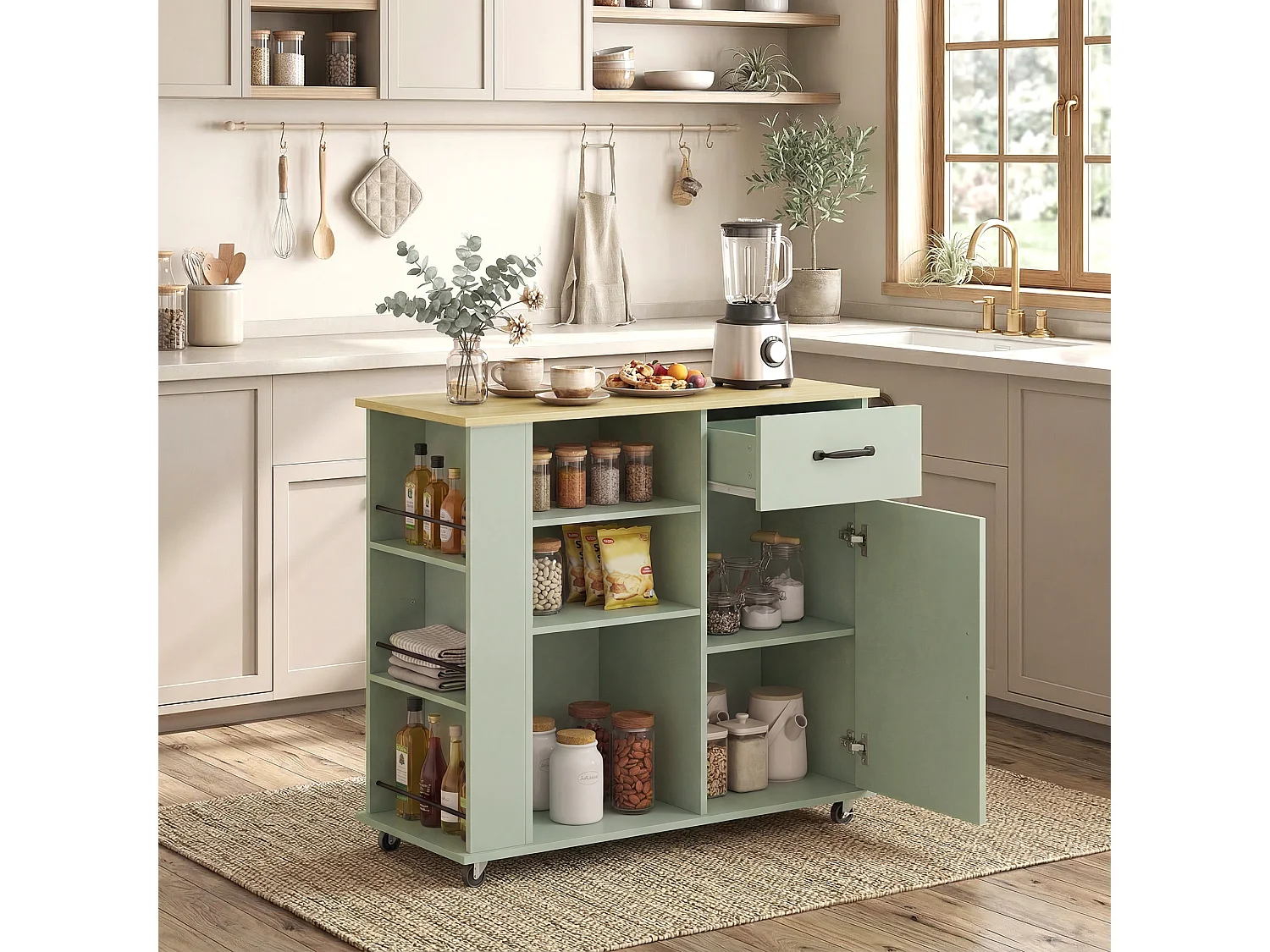 Carrello da cucina con ruote in legno verde chiaro