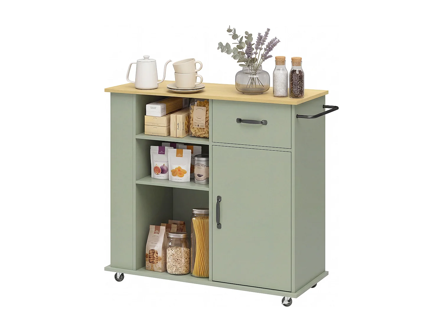 Carrello da cucina con ruote in legno verde chiaro