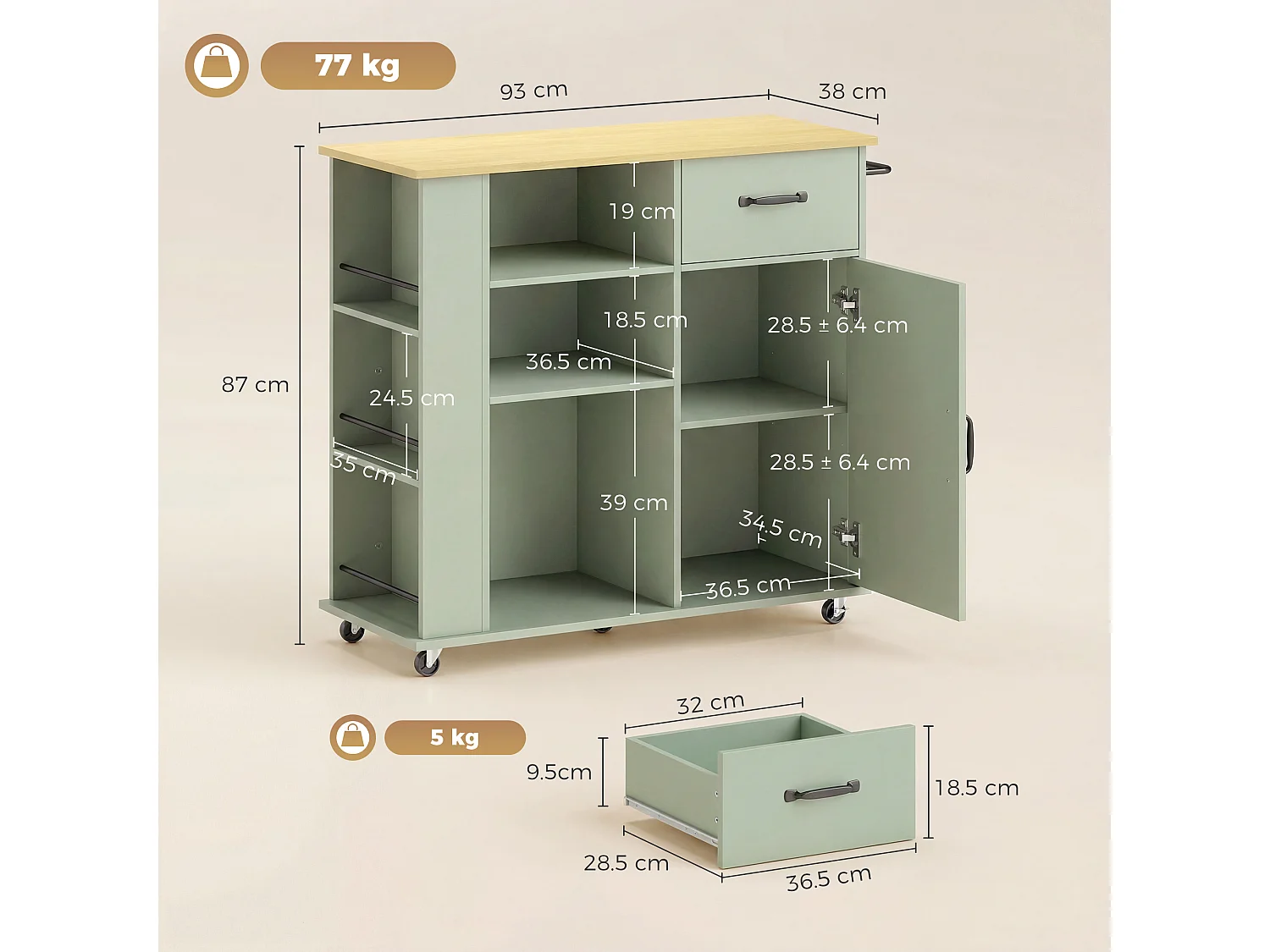 Carrello da cucina con ruote in legno verde chiaro