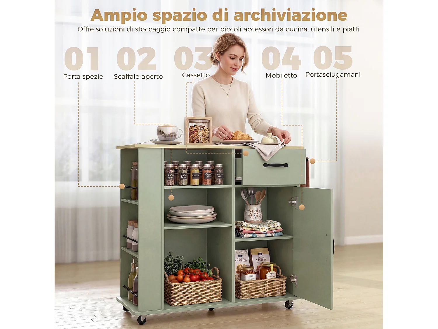 Carrello da cucina con ruote in legno verde chiaro