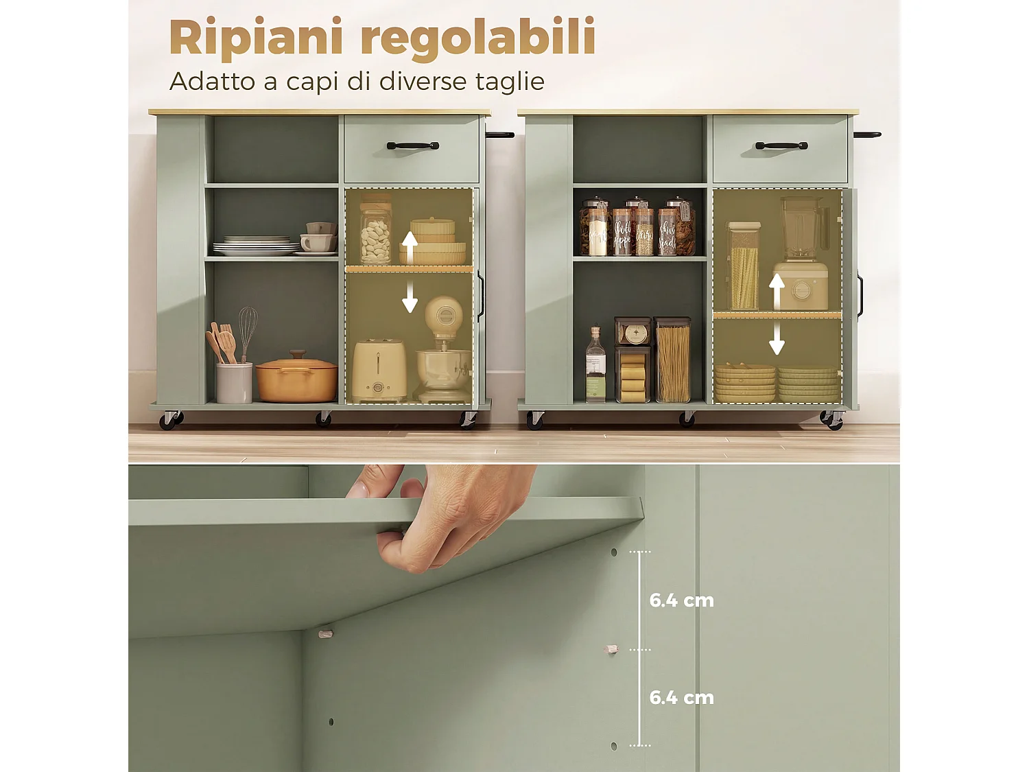 Carrello da cucina con ruote in legno verde chiaro