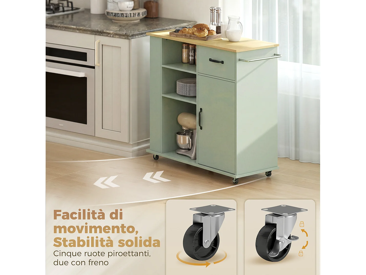 Carrello da cucina con ruote in legno verde chiaro