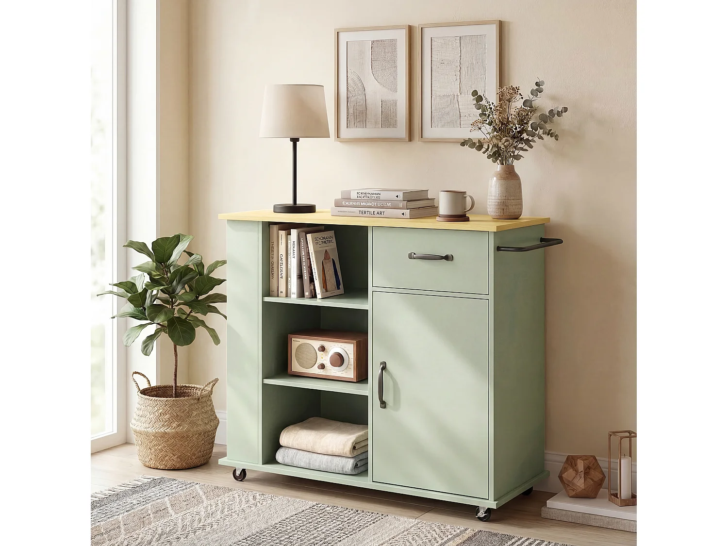 Carrello da cucina con ruote in legno verde chiaro