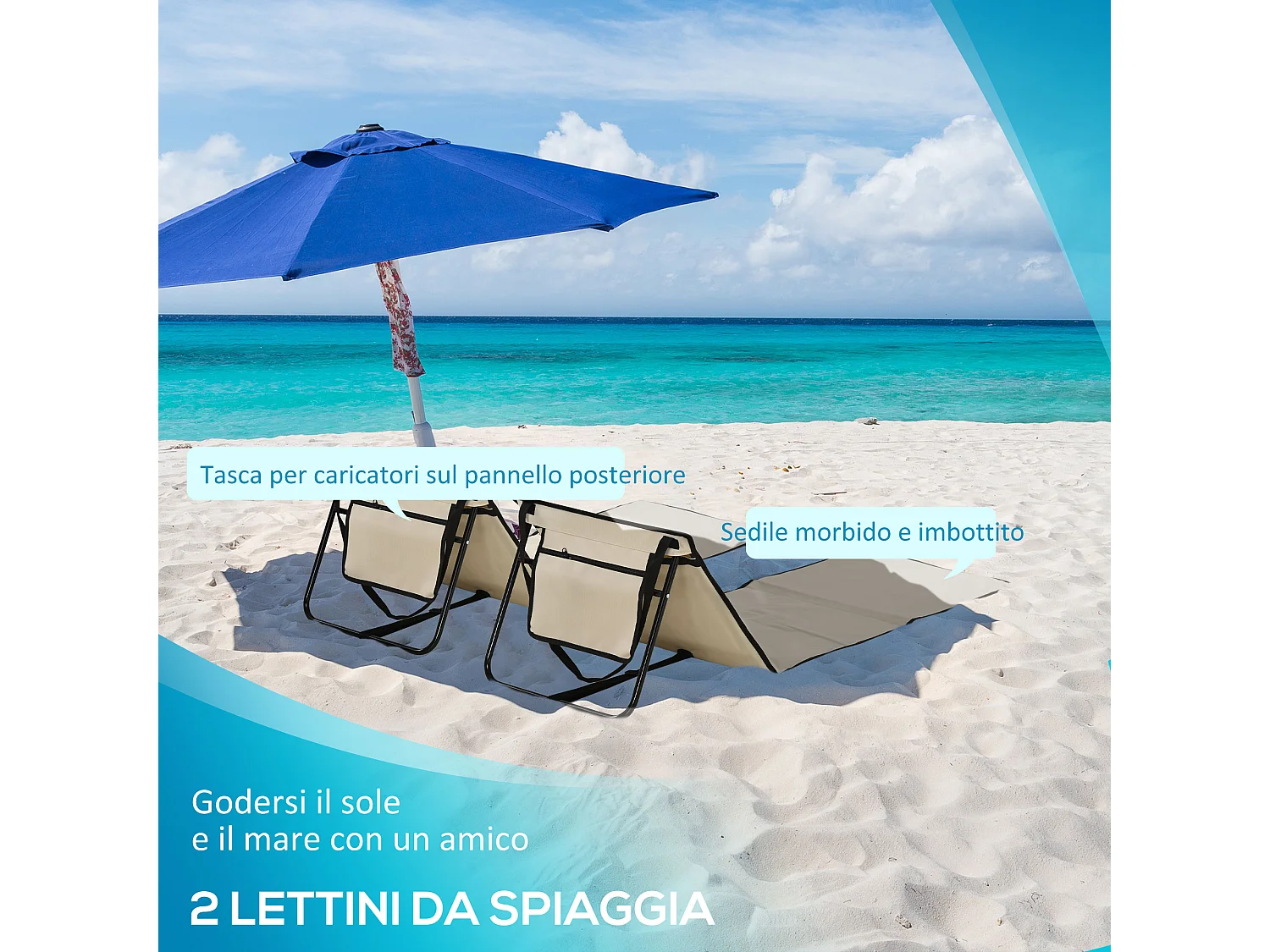 Set 2 sdraio da spiaggia pieghevoli ad angolo regolabile beige