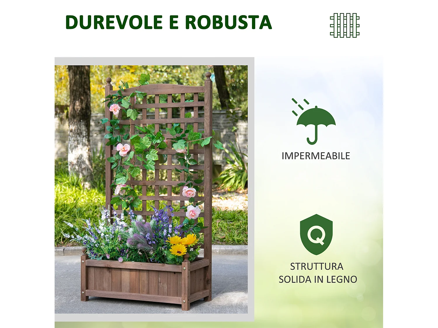 Fioriera da giardino con grigliato 64x28x120cm cm in legno marrone