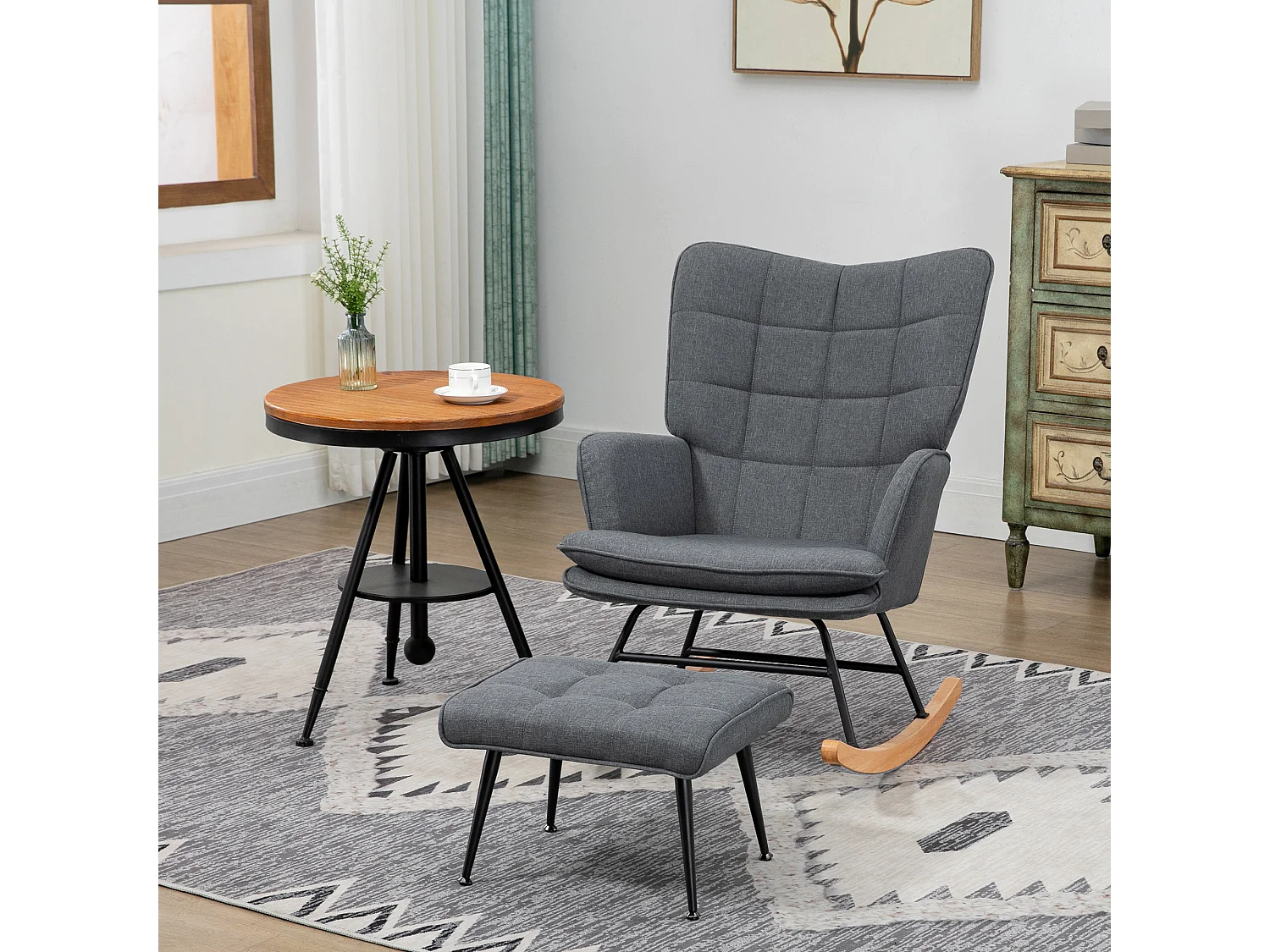 Sedia a dondolo con pouf in tessuto effetto lino e legno grigio