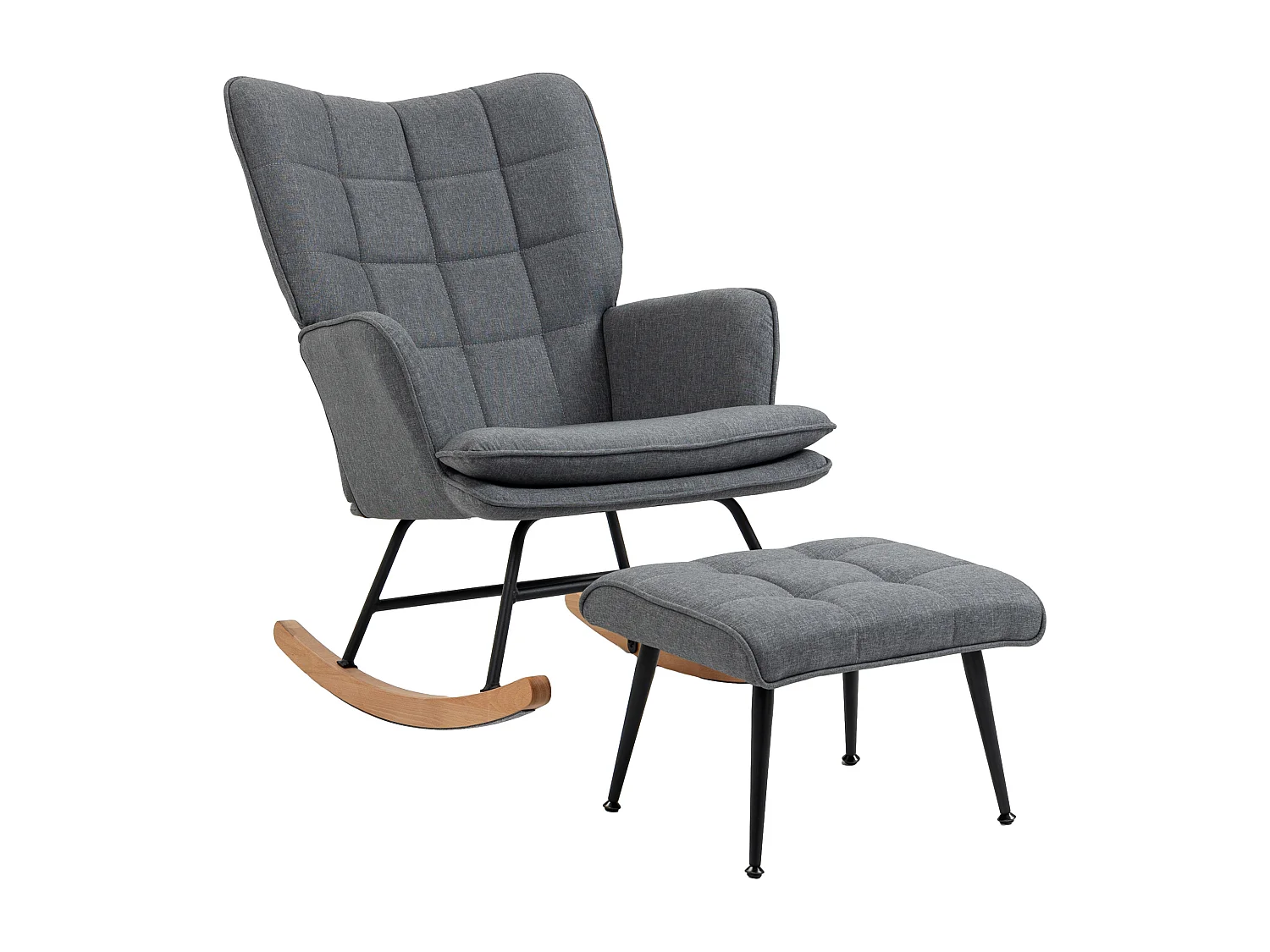 Sedia a dondolo con pouf in tessuto effetto lino e legno grigio