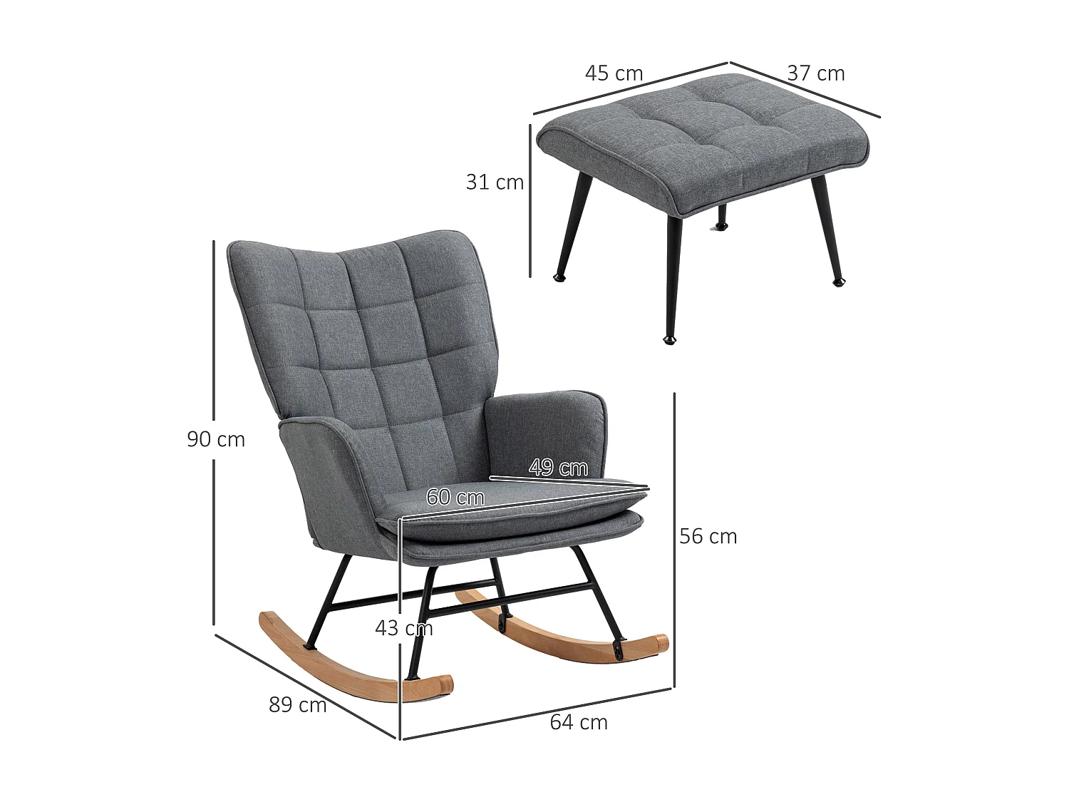 Sedia a dondolo con pouf in tessuto effetto lino e legno grigio