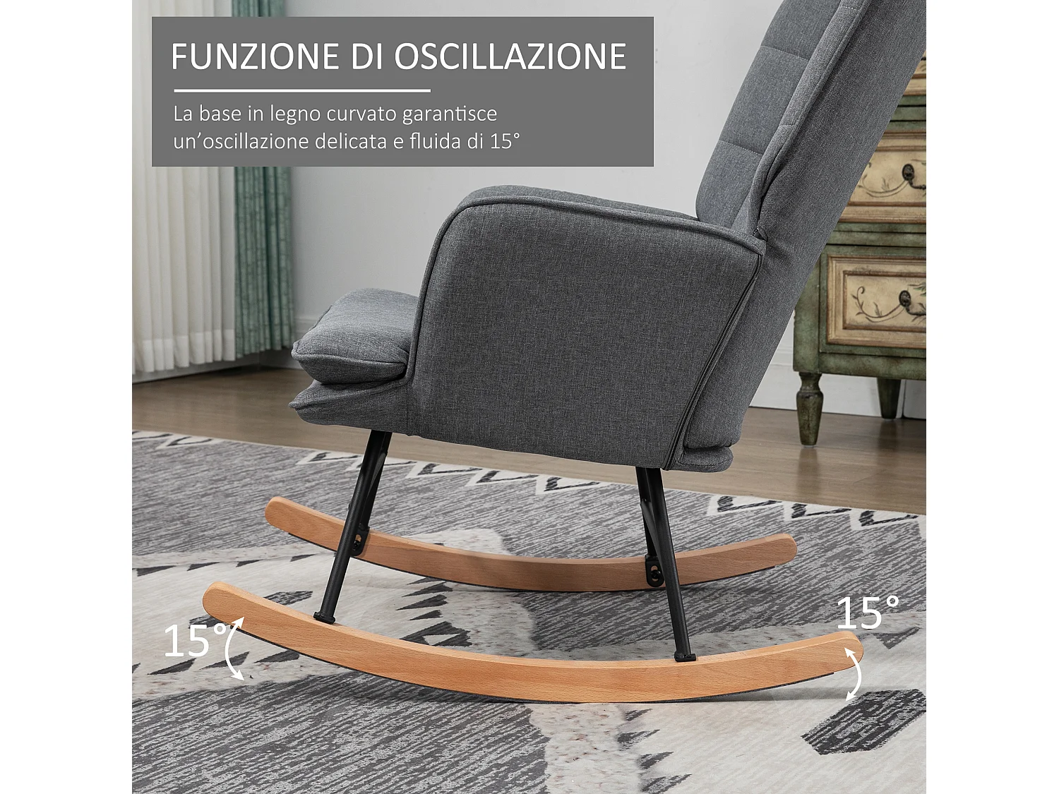 Sedia a dondolo con pouf in tessuto effetto lino e legno grigio