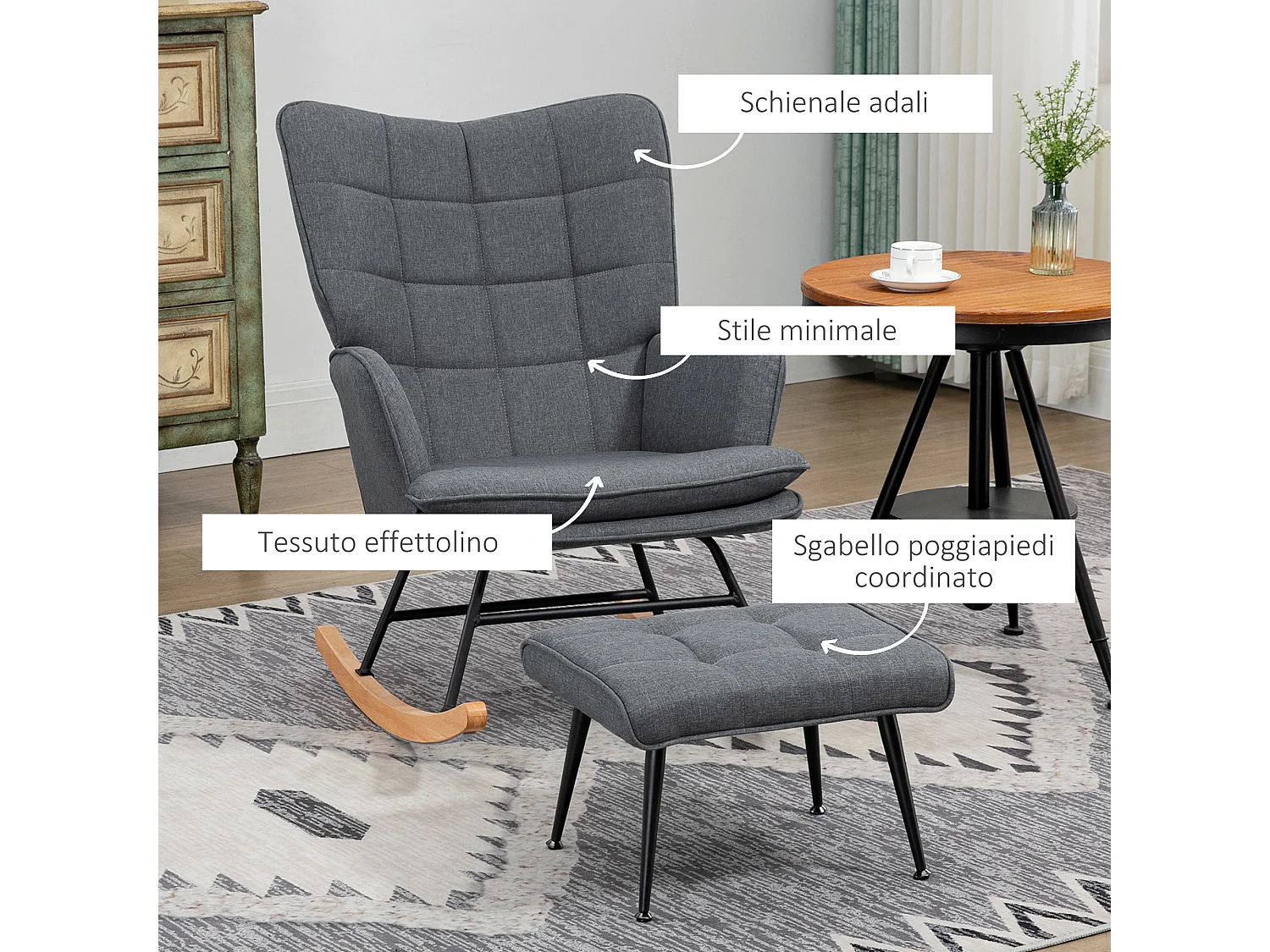 Sedia a dondolo con pouf in tessuto effetto lino e legno grigio