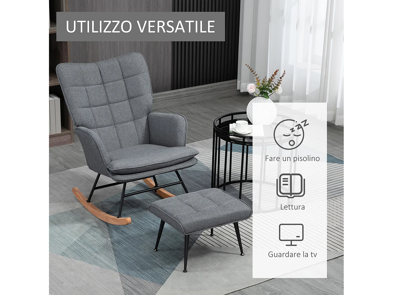 Sedia a dondolo con pouf in tessuto effetto lino e legno grigio