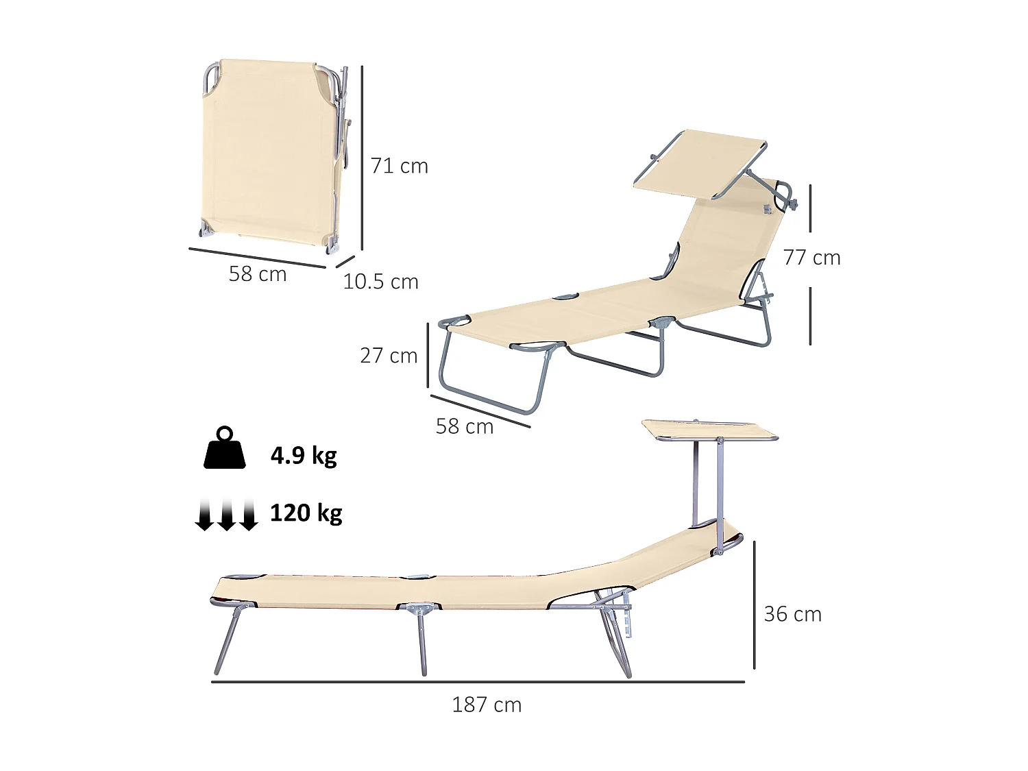 Sdraio da giardino pieghevole e reclinabile con tettuccio beige