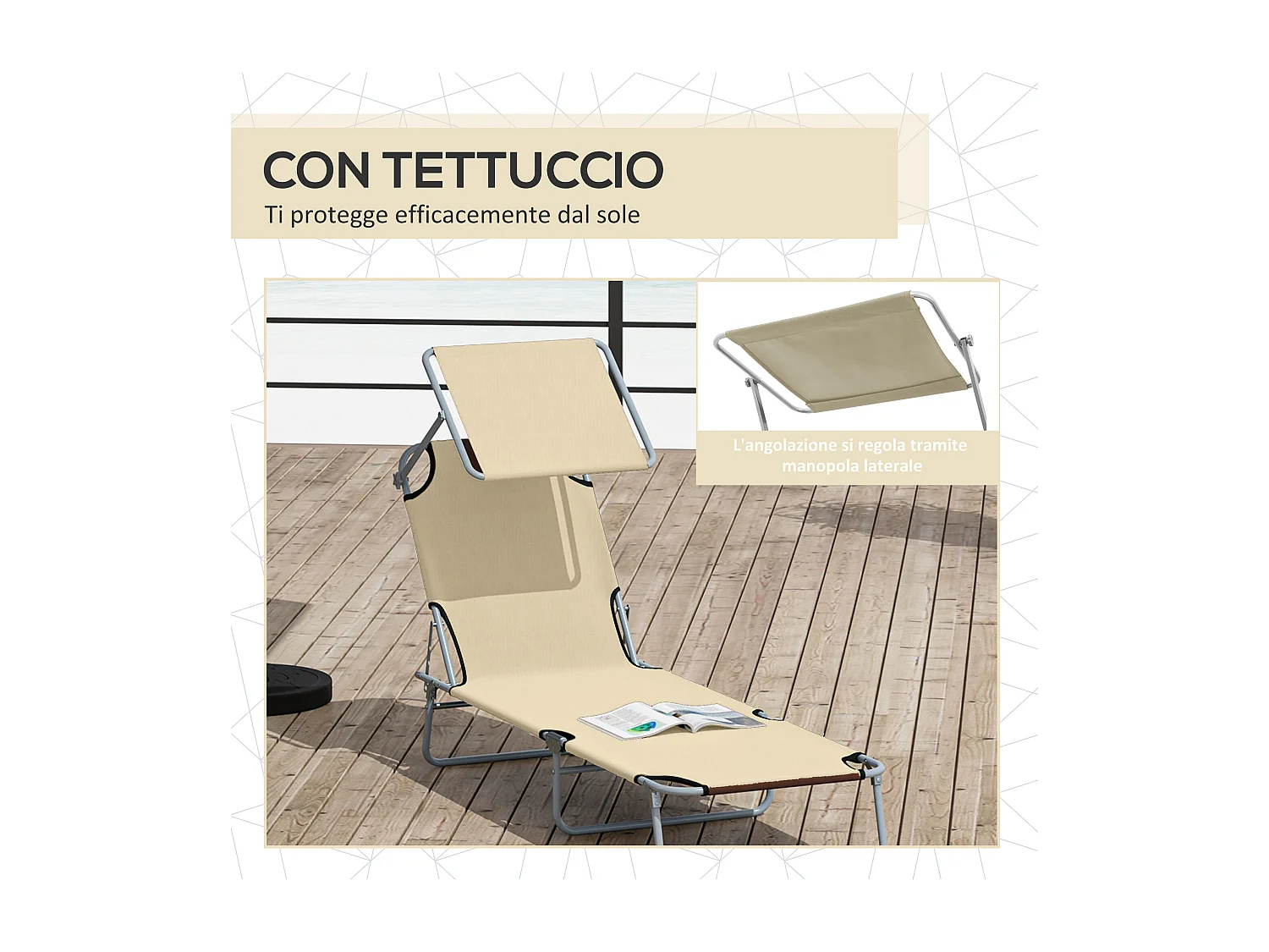 Sdraio da giardino pieghevole e reclinabile con tettuccio beige