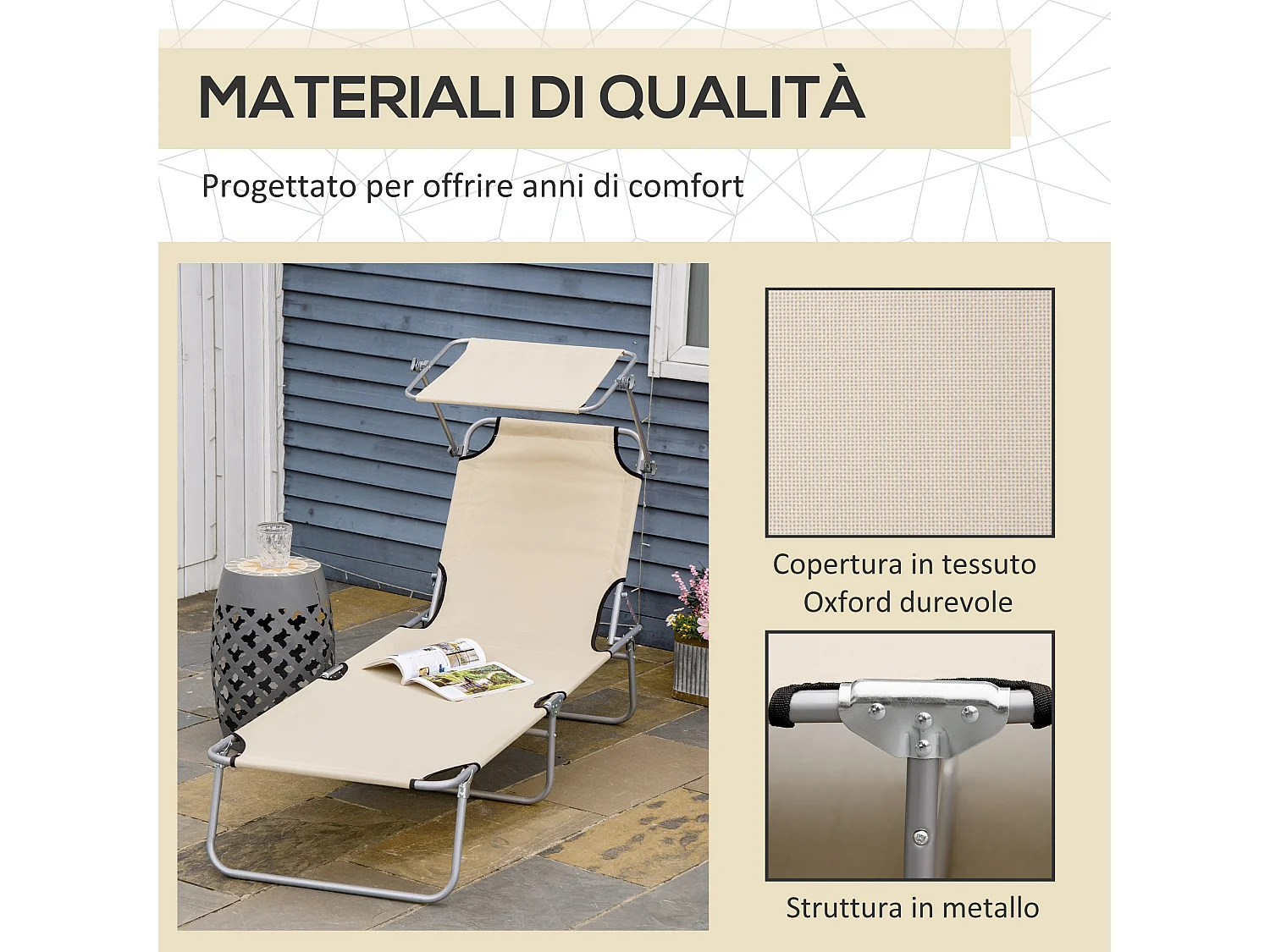 Sdraio da giardino pieghevole e reclinabile con tettuccio beige