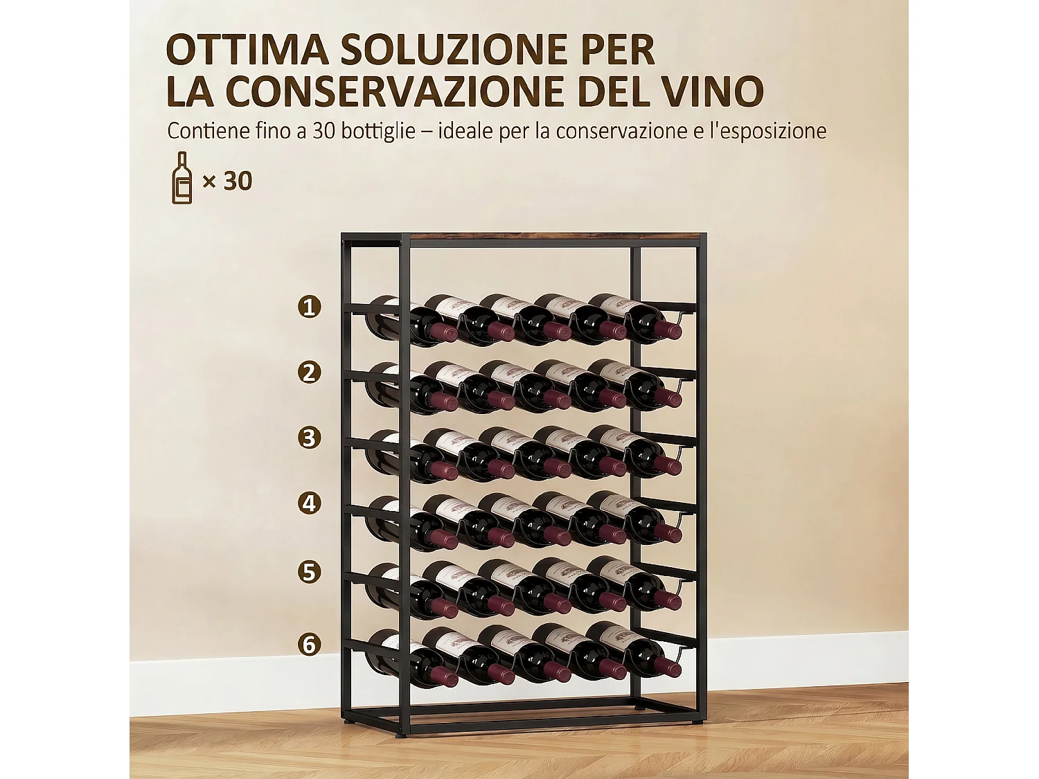Portabottiglie per 30 bottiglie con 6 ripiani marrone rustico