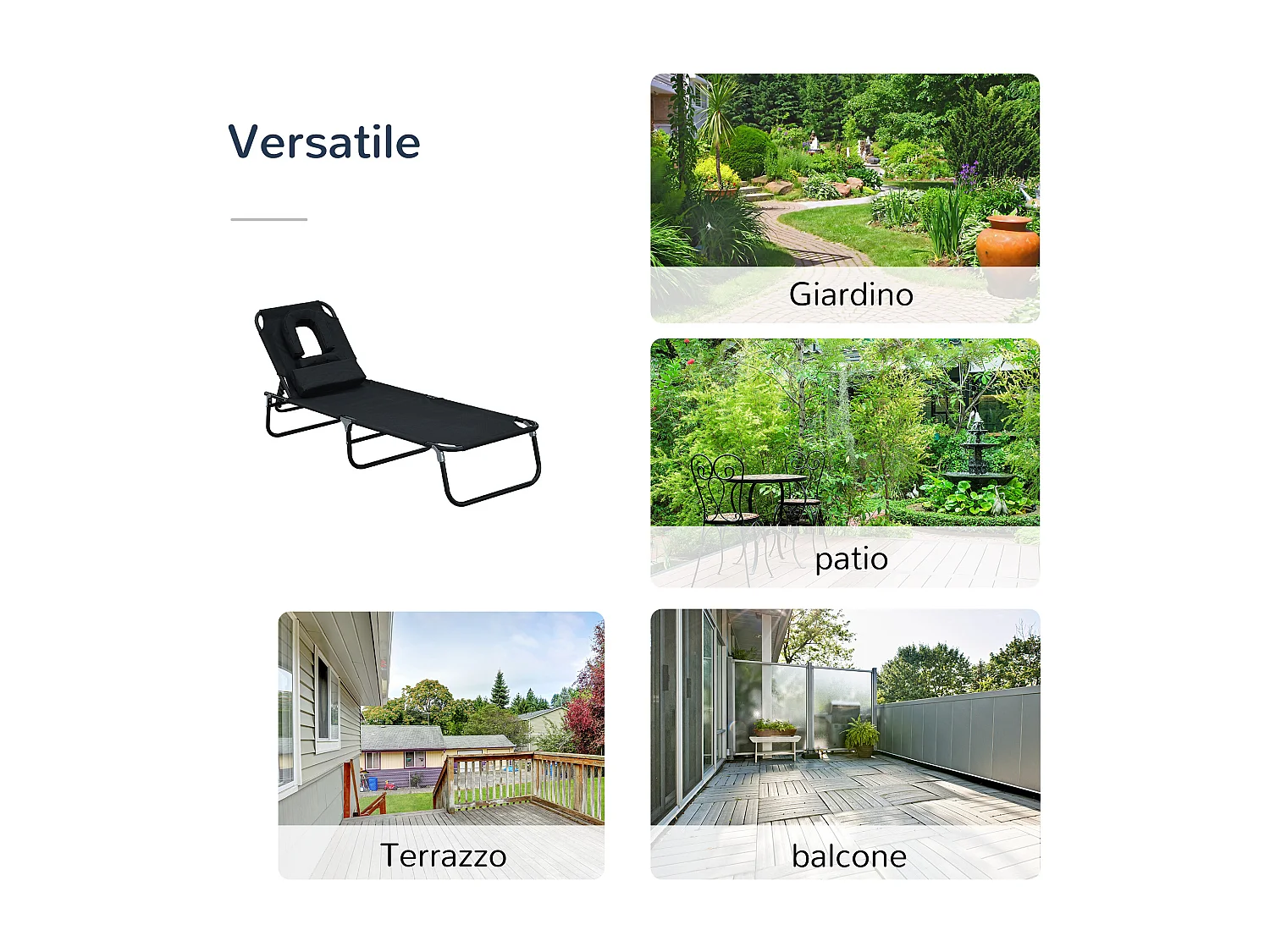 Lettino Prendisole Sdraio da Giardino Pieghevole Reclinabile Nero