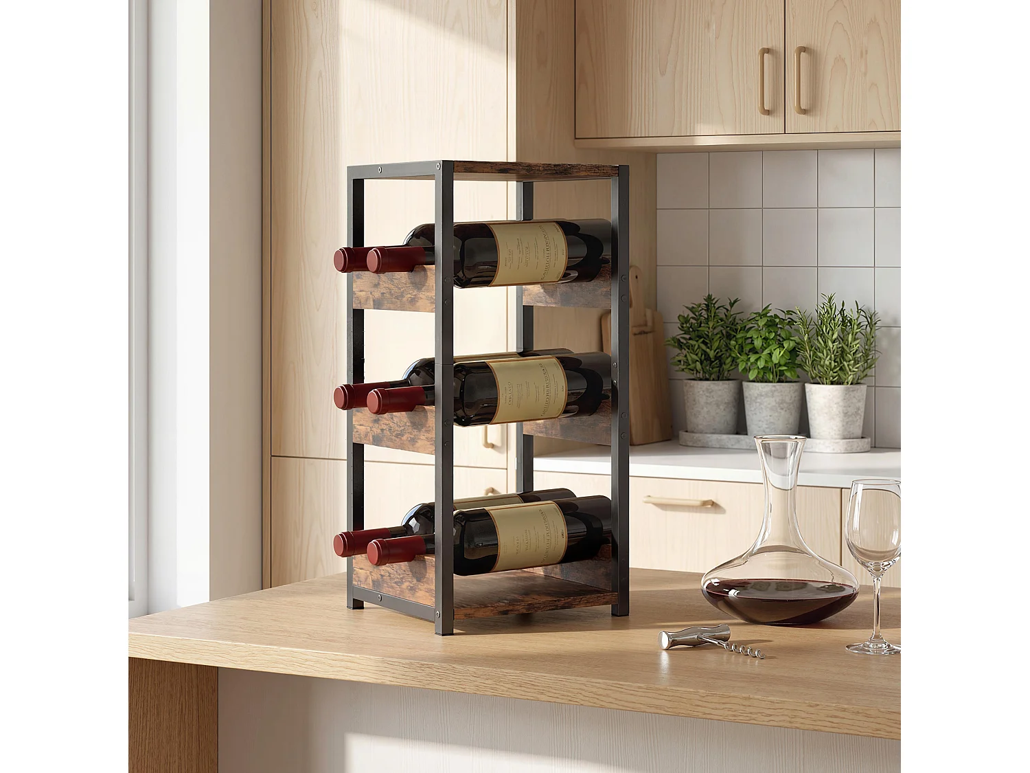 Portabottiglie freestanding per 6 bottiglie industriale marrone e nero